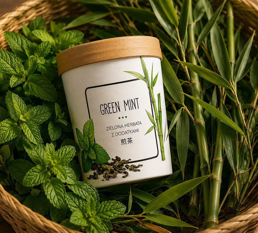 Green Mint Leo Tea – zielona herbata z miętą i bambusem w tekturowym kubku
